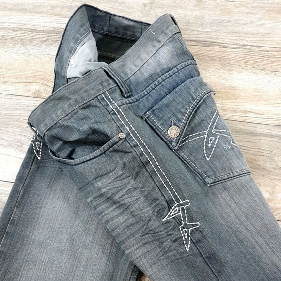 Chams Denim Jeans Men Women 36x28 Gray Distress Embriodered Casual Relaxed Wide - Picture 7 of 12